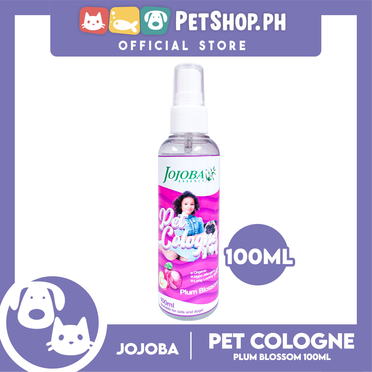 Jojoba Essence Pet Cologne Spray 100ml (Plum Blossom Scent) Organic, Hypo Allergenic, Long