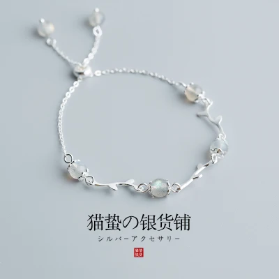 Maozhe Flower Branch Moonstone Sterling Silver Moon Bracelet Women's Korean Student Simple Cold Style Personality Girlfriends Jewelry