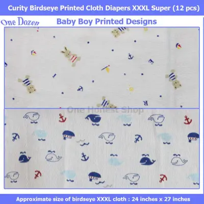 Curity Birdseye Printed Designs Cloth Diaper Super Size XXXL (Lampin, Baby Boy or Baby Girl Set Option) 12 pcs, 1 Dozen