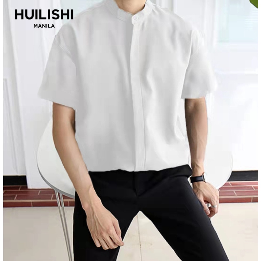 HUILISHI Elegant Chinese Collar Men's Button Down Short Sleeve Shirt ...