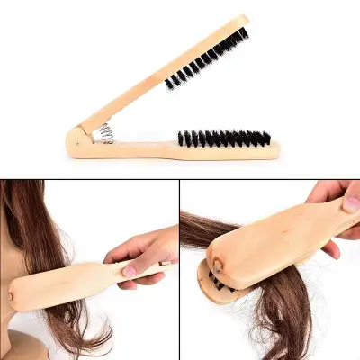 Wood Salon Style Hairdressing Bristle Hair Straightening Brush V Shape Comb