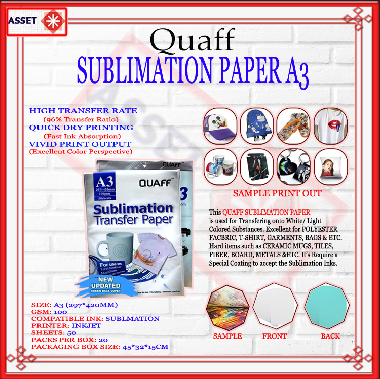 QUAFF SUBLIMATION PAPER FOR DIGITAL PRINTING PRINTING A4 ( 100 SHEETS ) A3  ( 50 SHEETS ) PER PACK