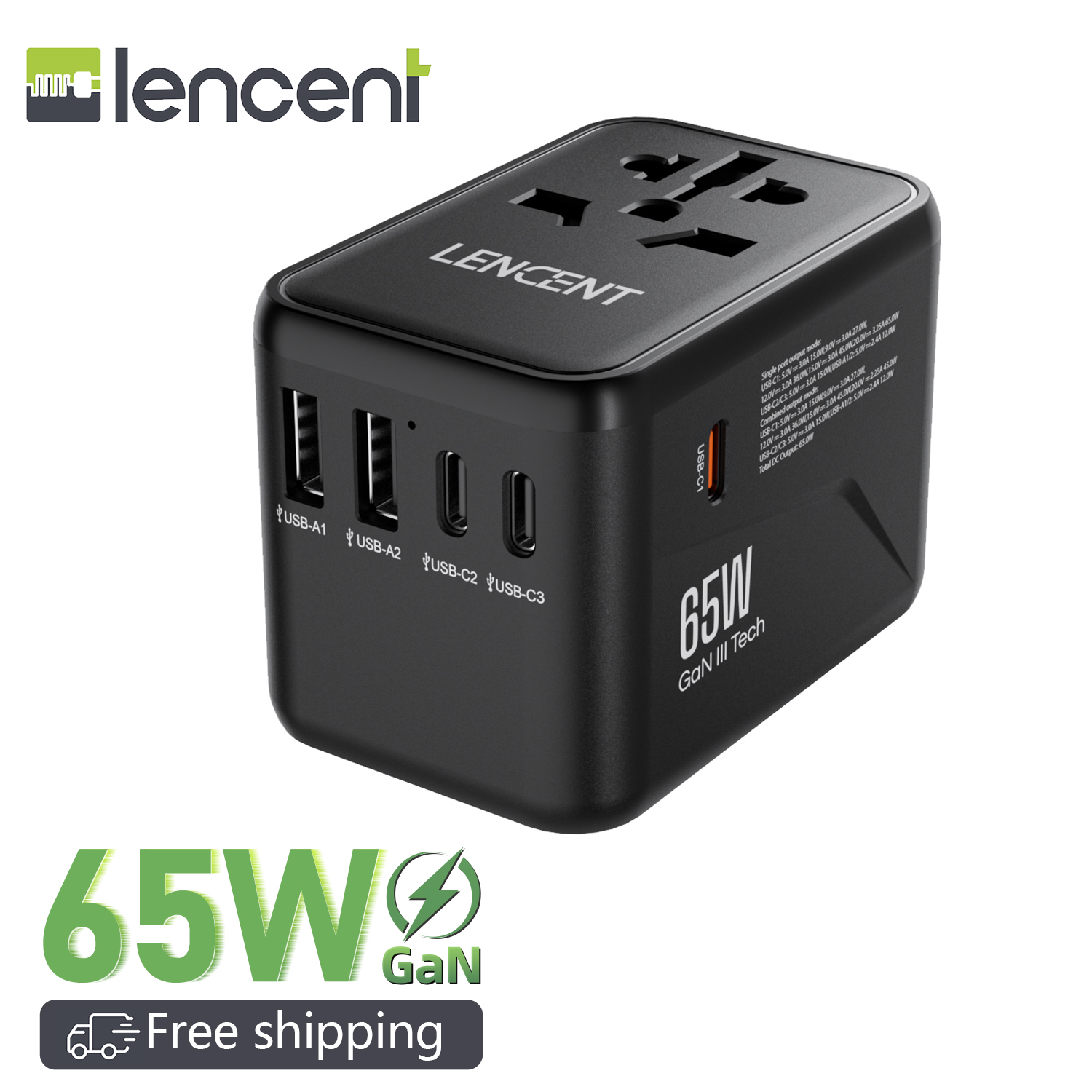 LENCENT International Travel Power Adapter,Mini All-in-One Charger, 2.4A  USB, 3.0A Type-C Wall Charger, European Plug Adaptor, Universal Outlet