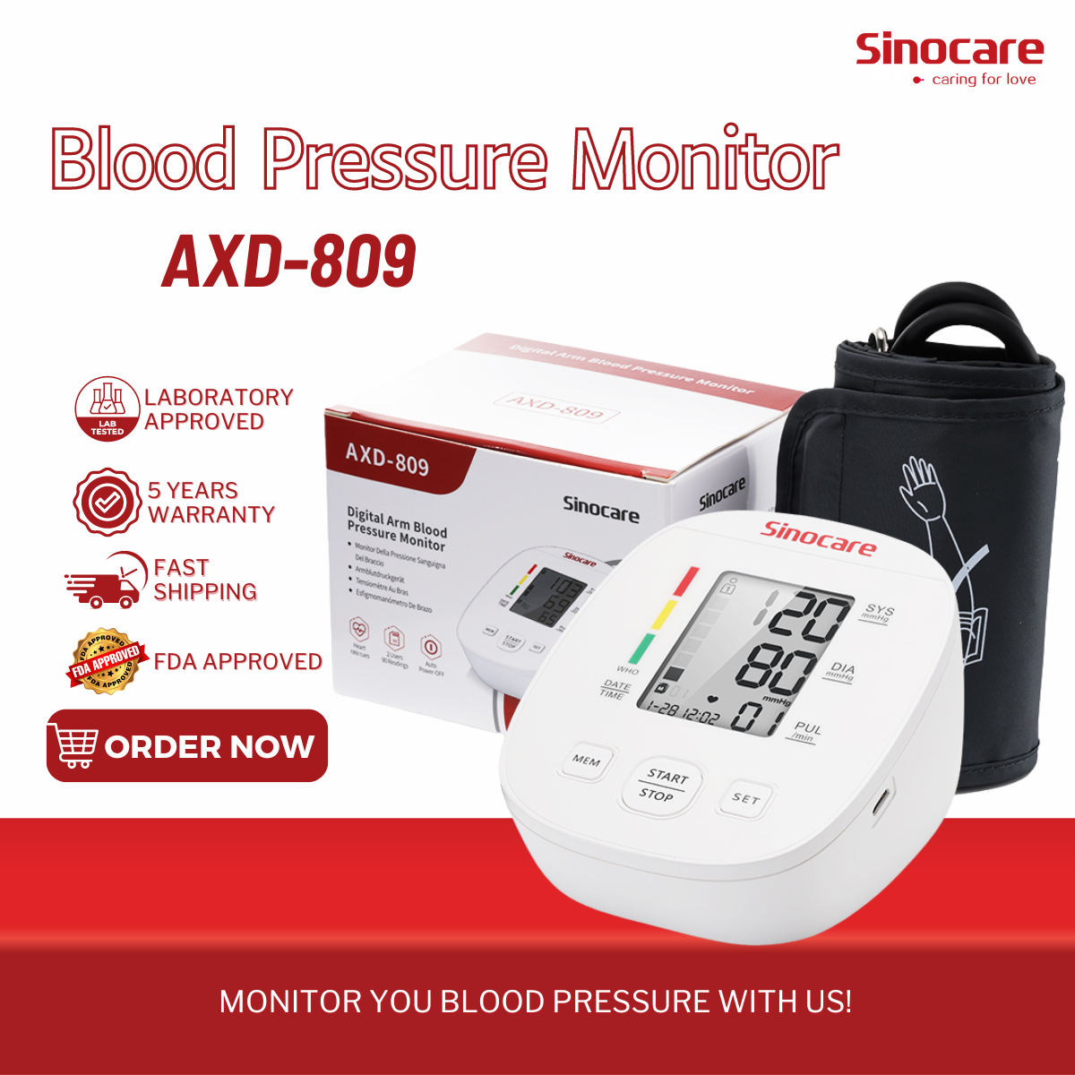 Sinocare AXD809 Automatic Digital Arm Blood Pressure Monitor Smart BPM Large LCD Digital
