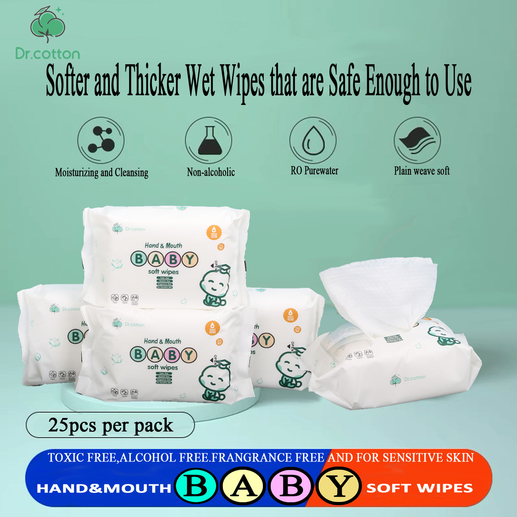 Baby Hand and Mouth Soft Wipes Wet Tissue w/ Cover Alcohol Free Dr