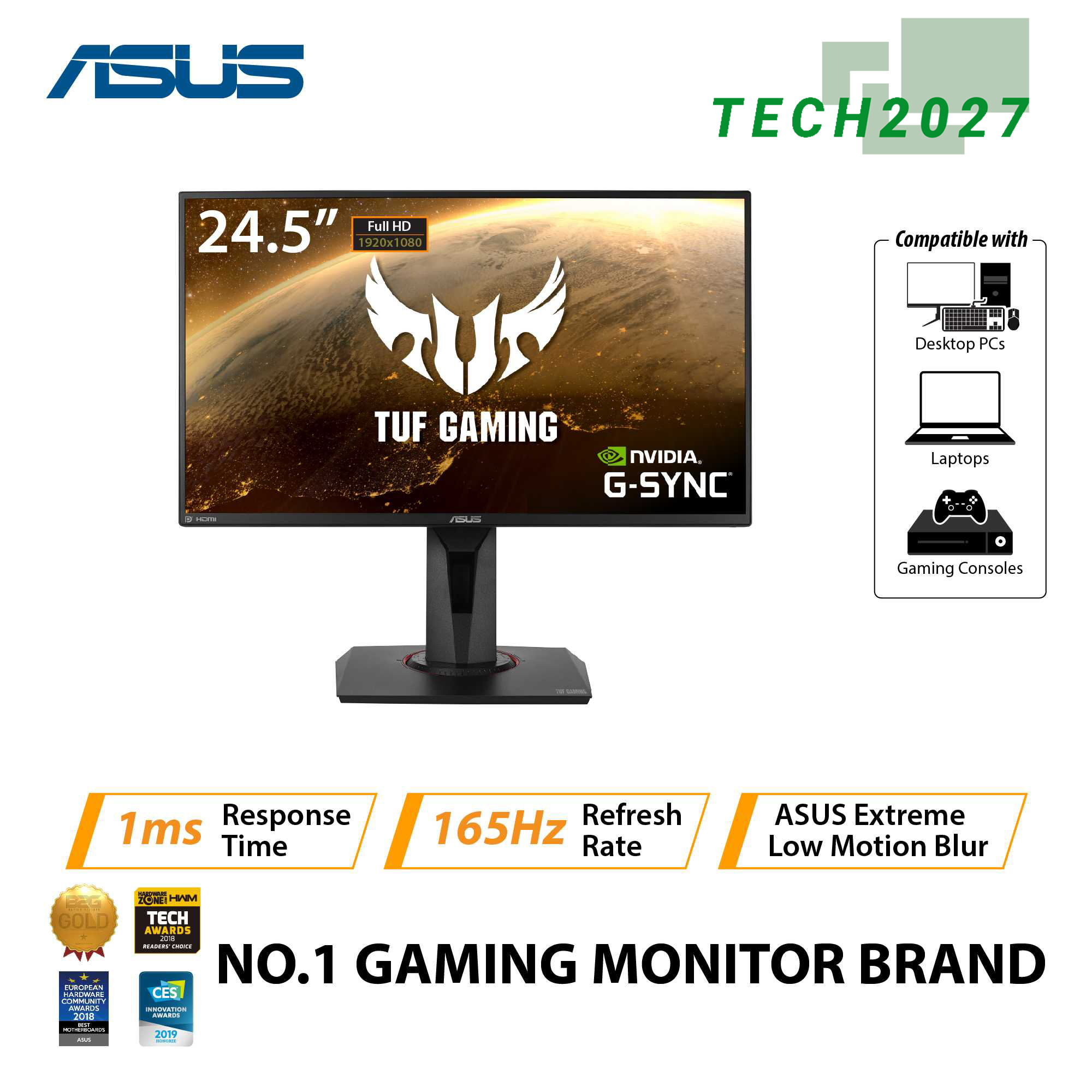 ASUS TUF Gaming VG248QG 24-in FHD (1920x1080) 165Hz OC 1ms G-SYNC  Compatible Gaming Monitor