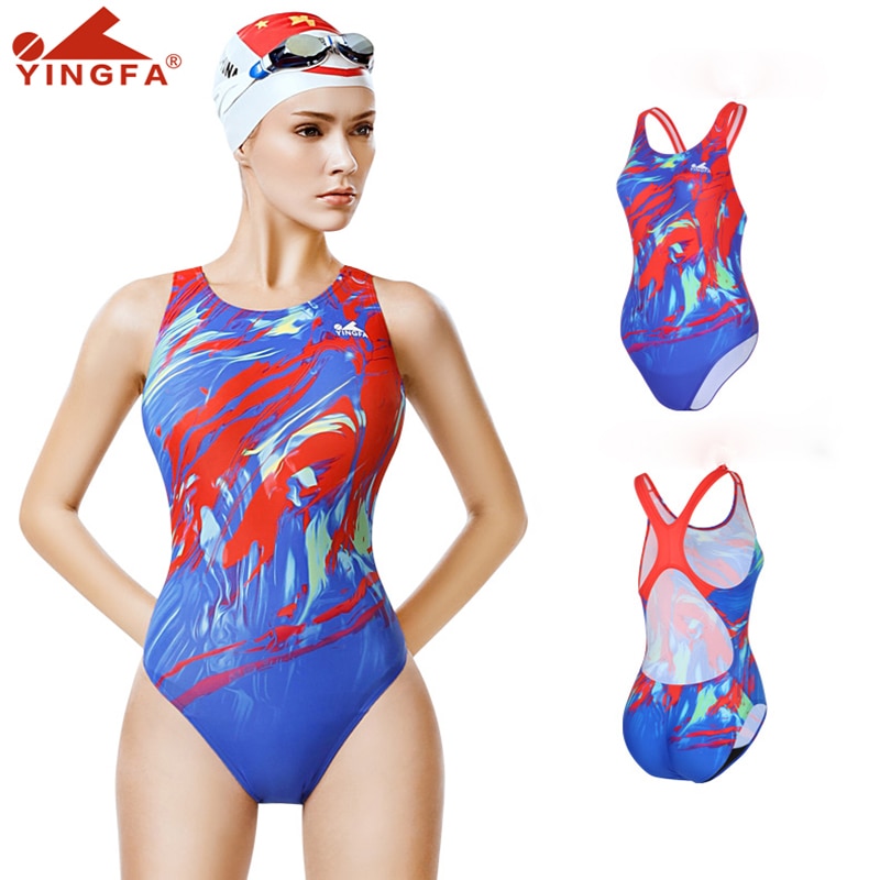 YINGFA Women One-piece Sports Swimwear Female Triangle Digital Printing sharkskin racing swimsuit for Swimming training [In Stock]