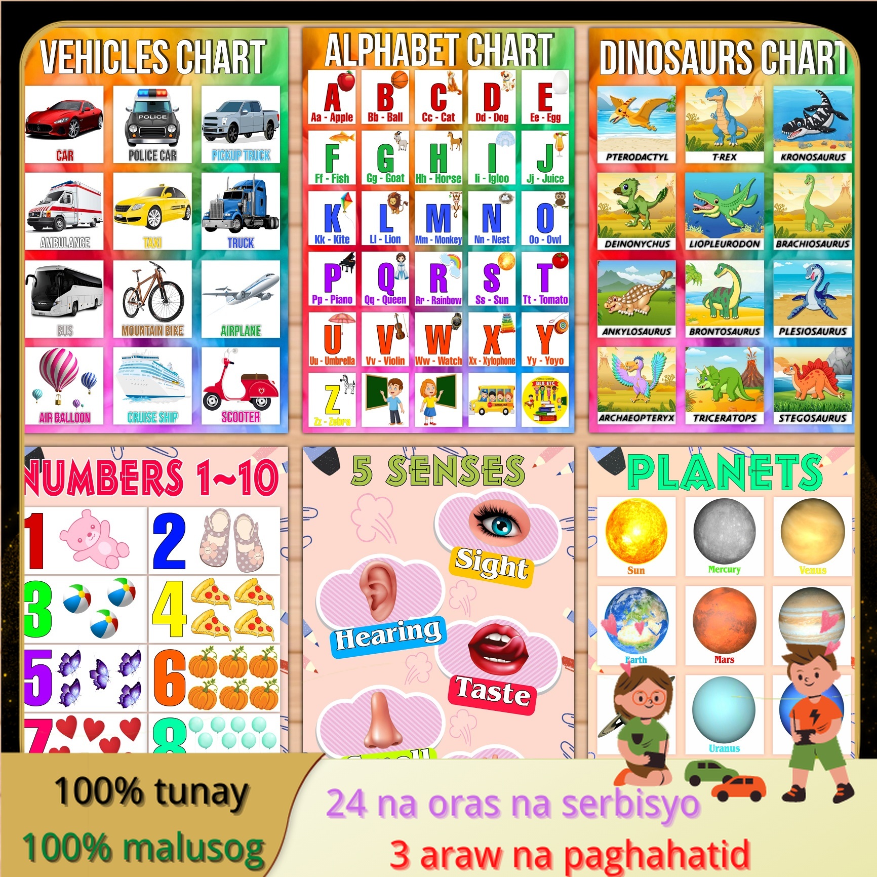 Kids Learnings Educational Chart Alphabet Numbers Shapes Fruits Vegetables 100 Tunay Lazada Ph