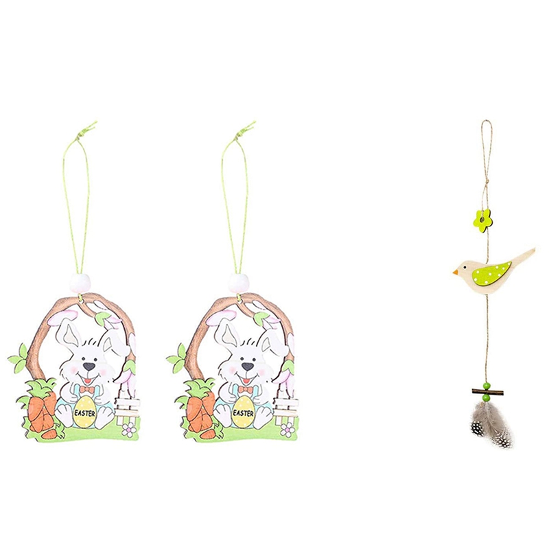 3 Pcs Wooden Easter Pendant, Bunny Crafts Hanging Ornaments Hang Tags Pendant for Home Wall Door Decorations, B & C