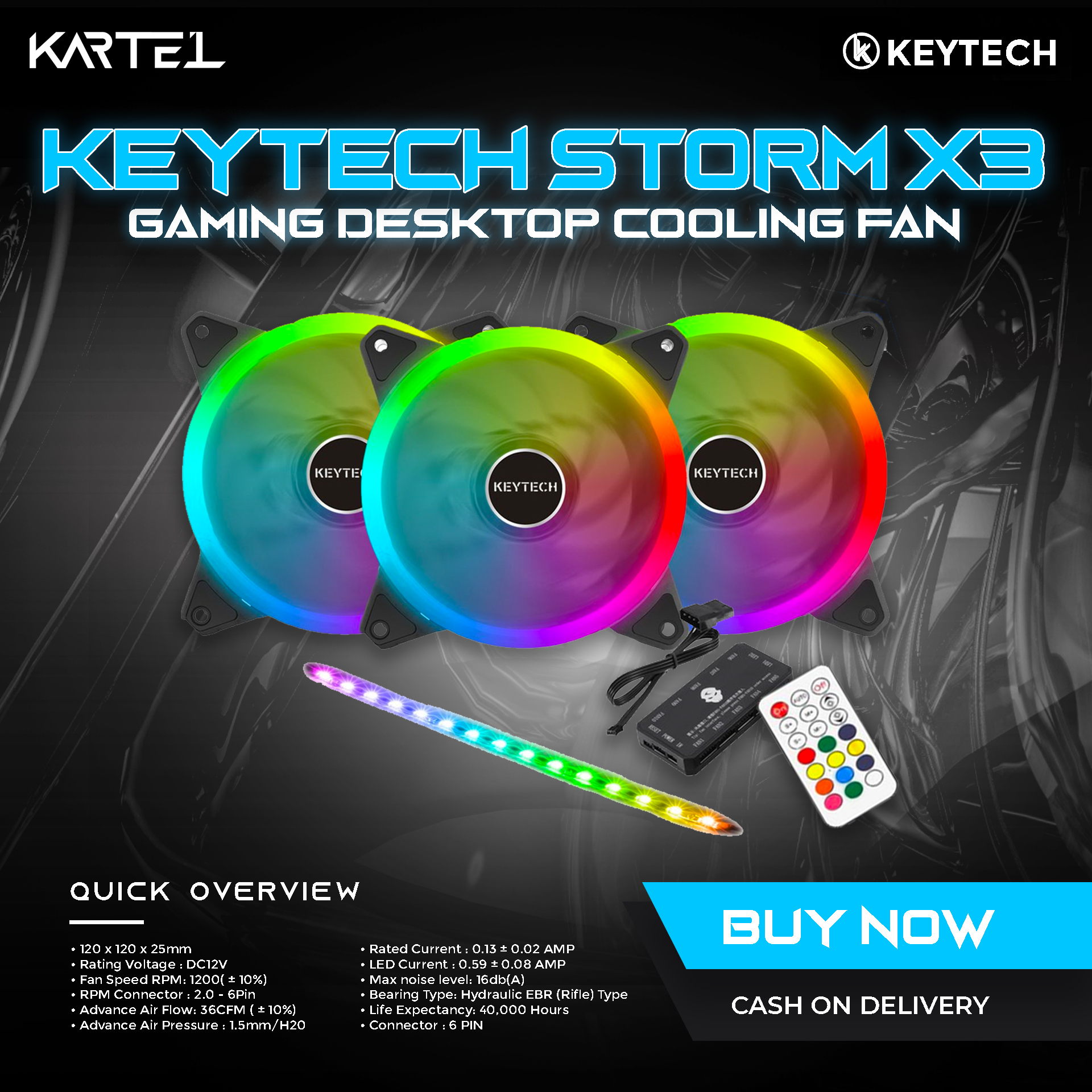 KEYTECH STORM X3 RGB FAN + LED STRI{ 3PCS 12cm RGB Control LED PC Case Fan + LED Strip Quiet