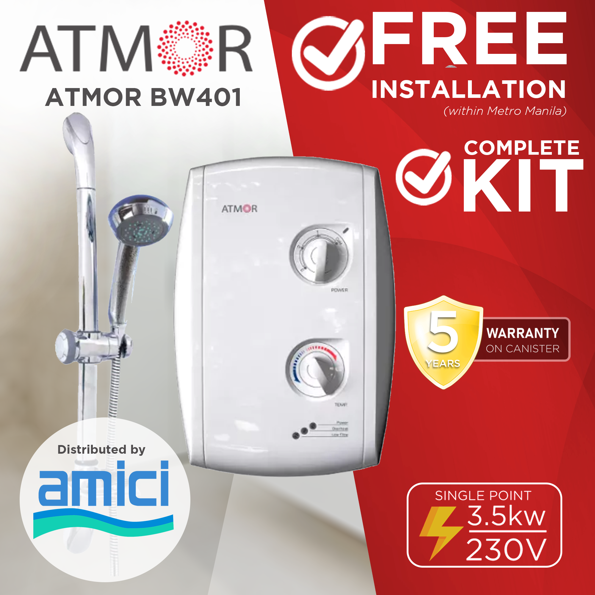 Atmor 401 3.5kW Instant Electric Heater for Shower, Single Point