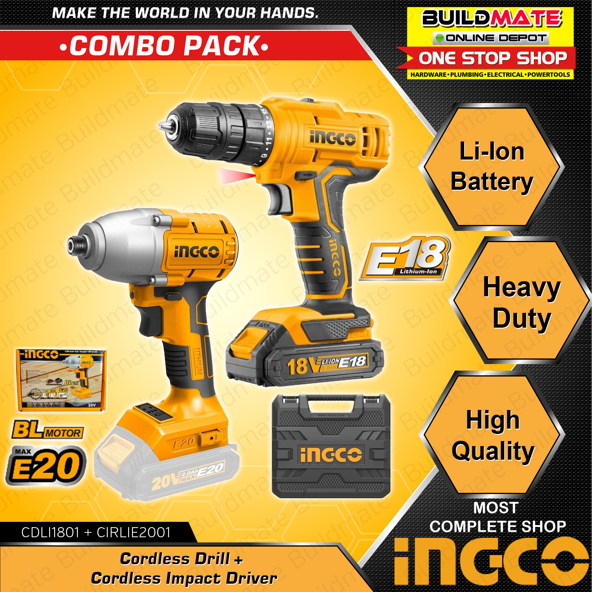INGCO Cordless Drill 18V CDLI1801 + Cordless Impact Driver 20V