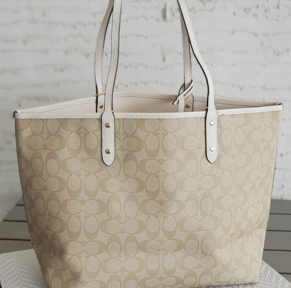 Coach F36658 in Light Khaki / Chalk Signature Coated Canvas Monogram -  Women's Reversible City Tote Bag with Pouch