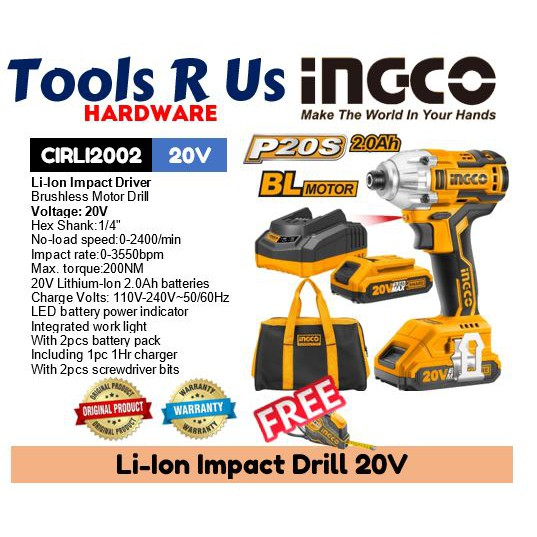 FREE TAPE MEASURE & SAFETY GOGGLES Ingco Liion Impact Driver 20V