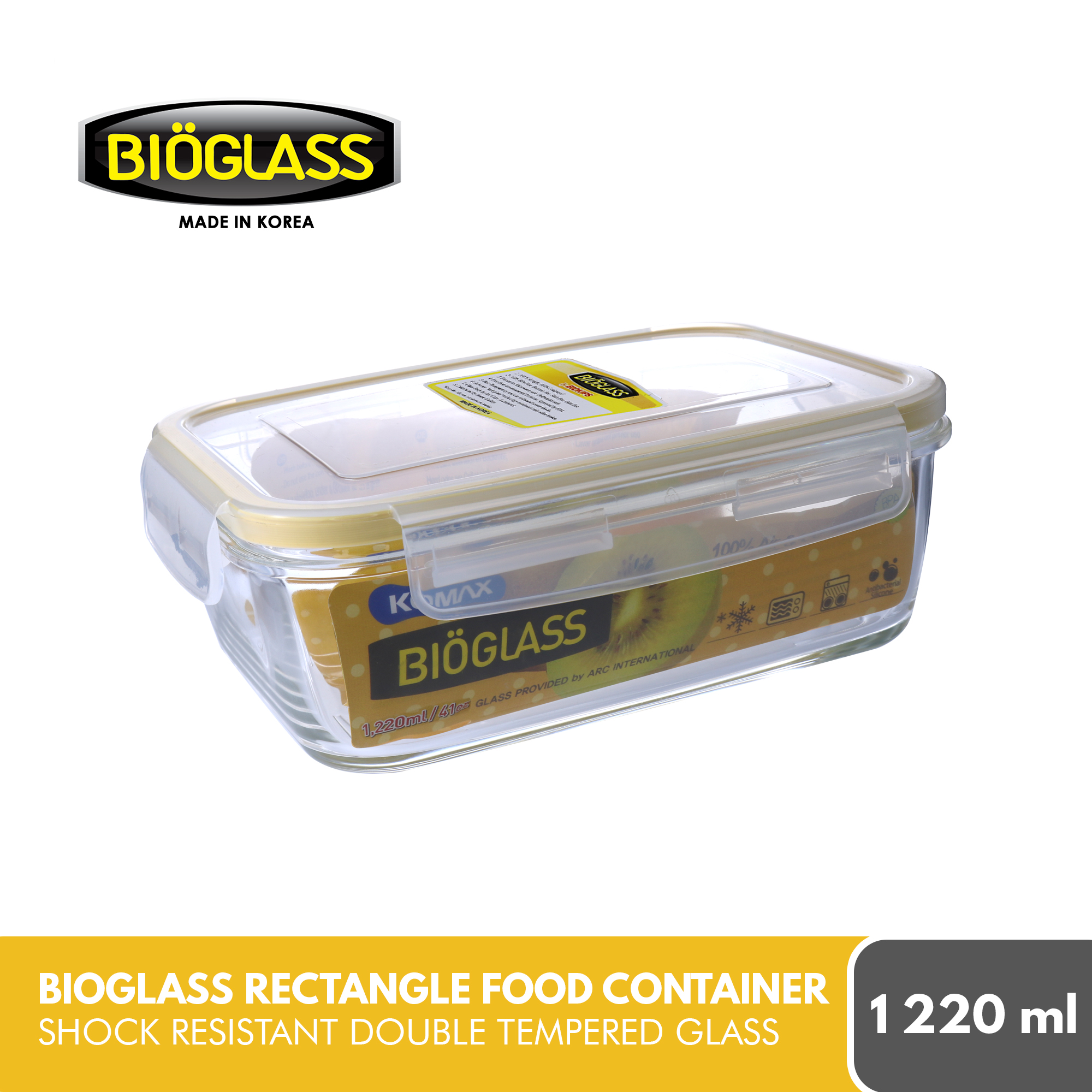 Komax Bioglass Rectangular Air & Water Tight Food Storage Container 1220ml  (41.2 fl.oz.) with decorative blue lid - GetStorganized