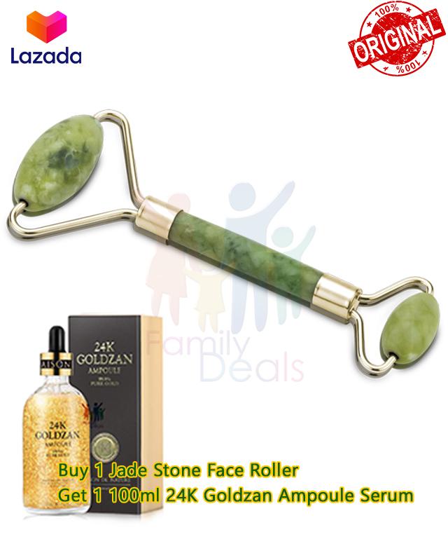 BUNDLE ! Authentic Jade Stone Roller and Authentic 24K Goldzan Serum Face Head Neck Facial Massage Nature Beauty Device Anti Aging Glass Skin Glassy Smoothing Pure Gold Green