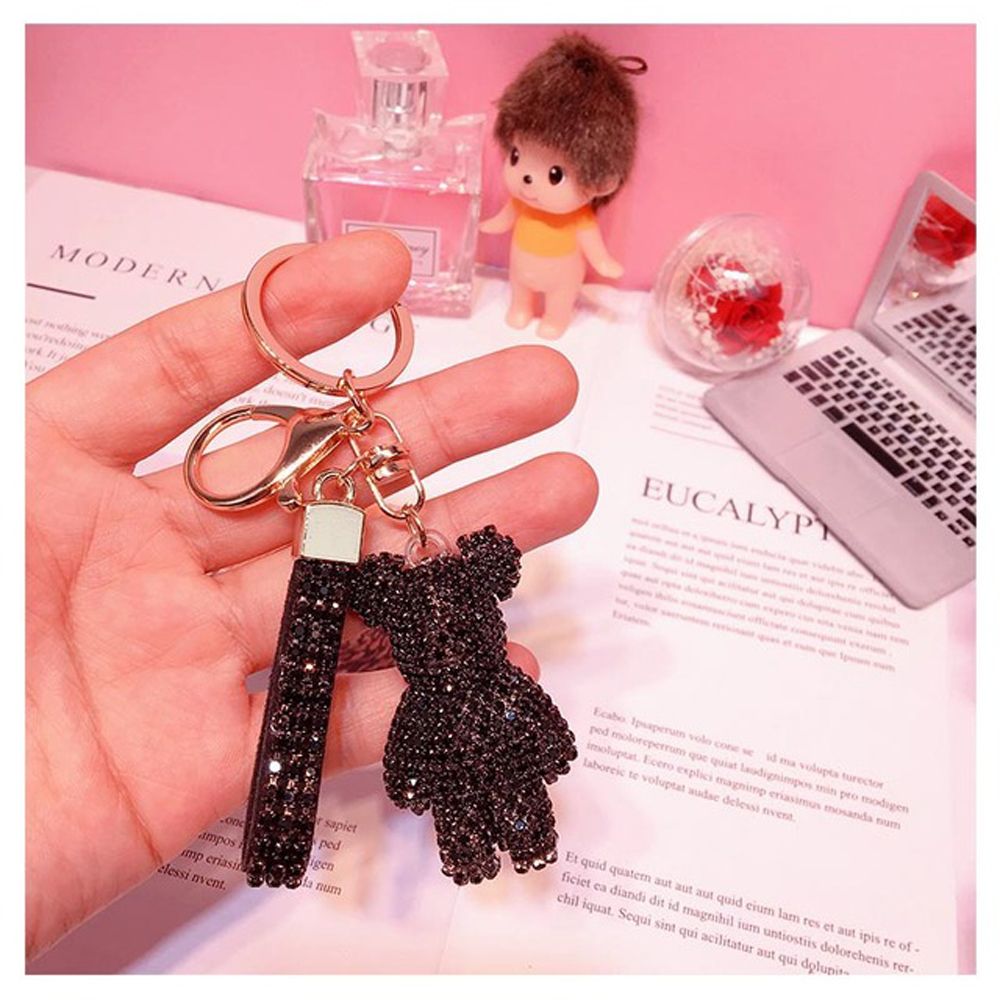 YUNQI. Women Cute Bag Pendant Car Keyring Gift Couple Key Ring Rhinestone Bear Bag Charms Key Chain Crystal Keychain