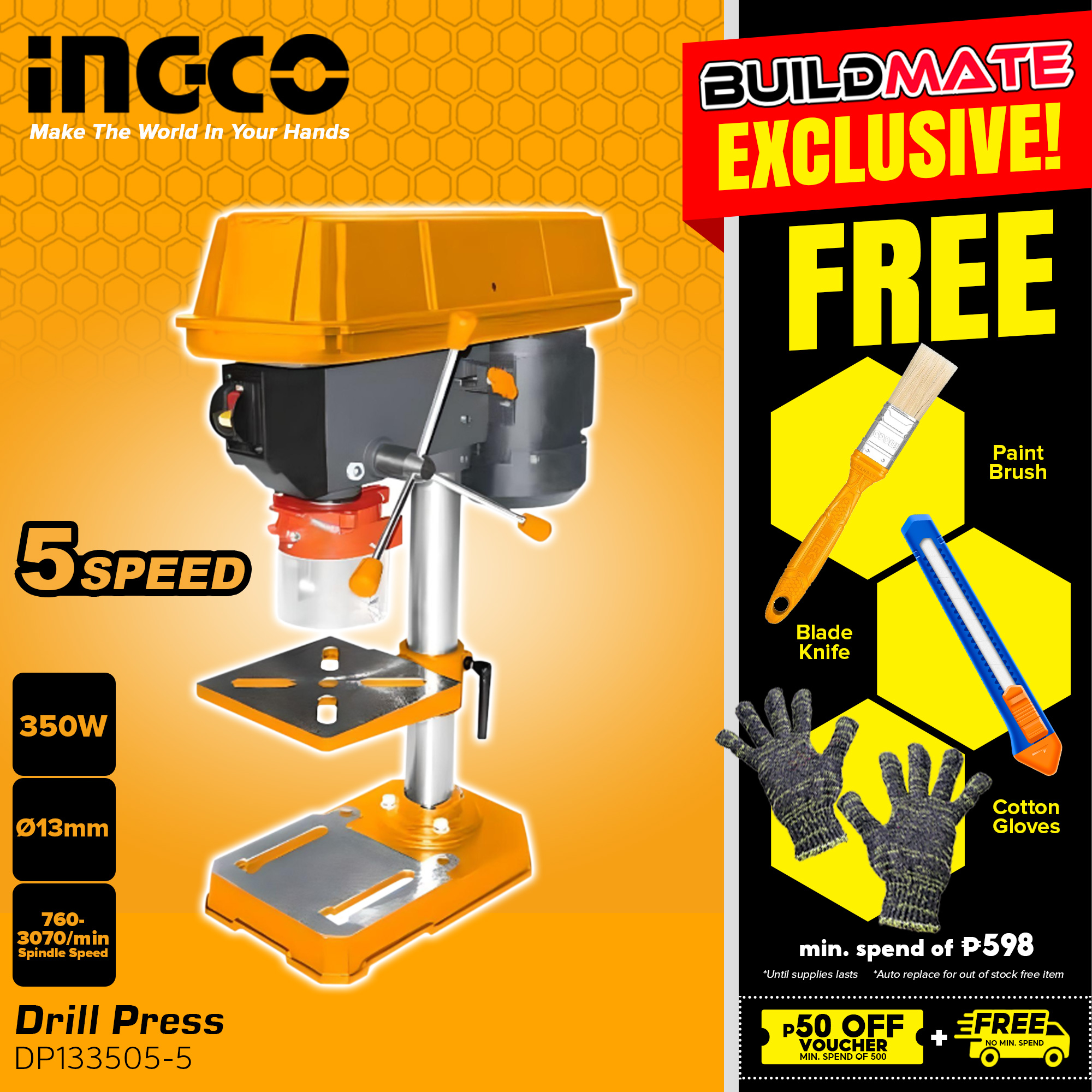 BUILDMATE Ingco Drill Press 350W 13mm 1/2HP 5Speed Cast Iron Benchtop Drill Press Table Drill