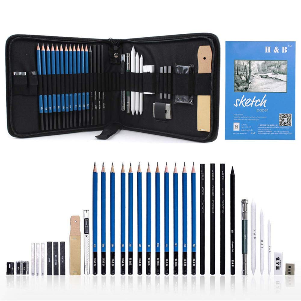 33 Piece Professional Art Kit Drawing Pencils with Sketch Kit, Charcoal