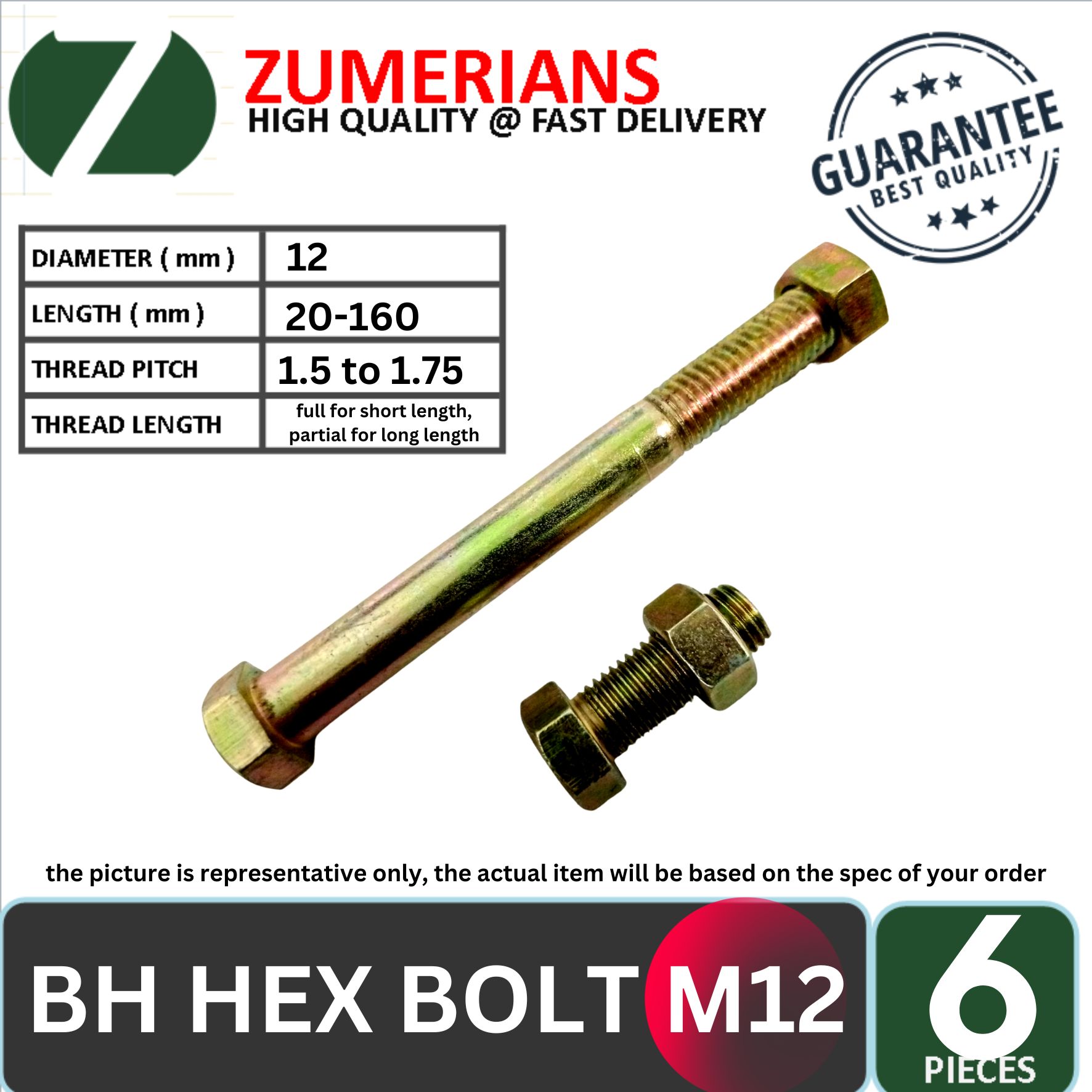 BH Tetanized Zinc Coated Hex Bolt M12, Size 12 mm diameter, 15 mm to