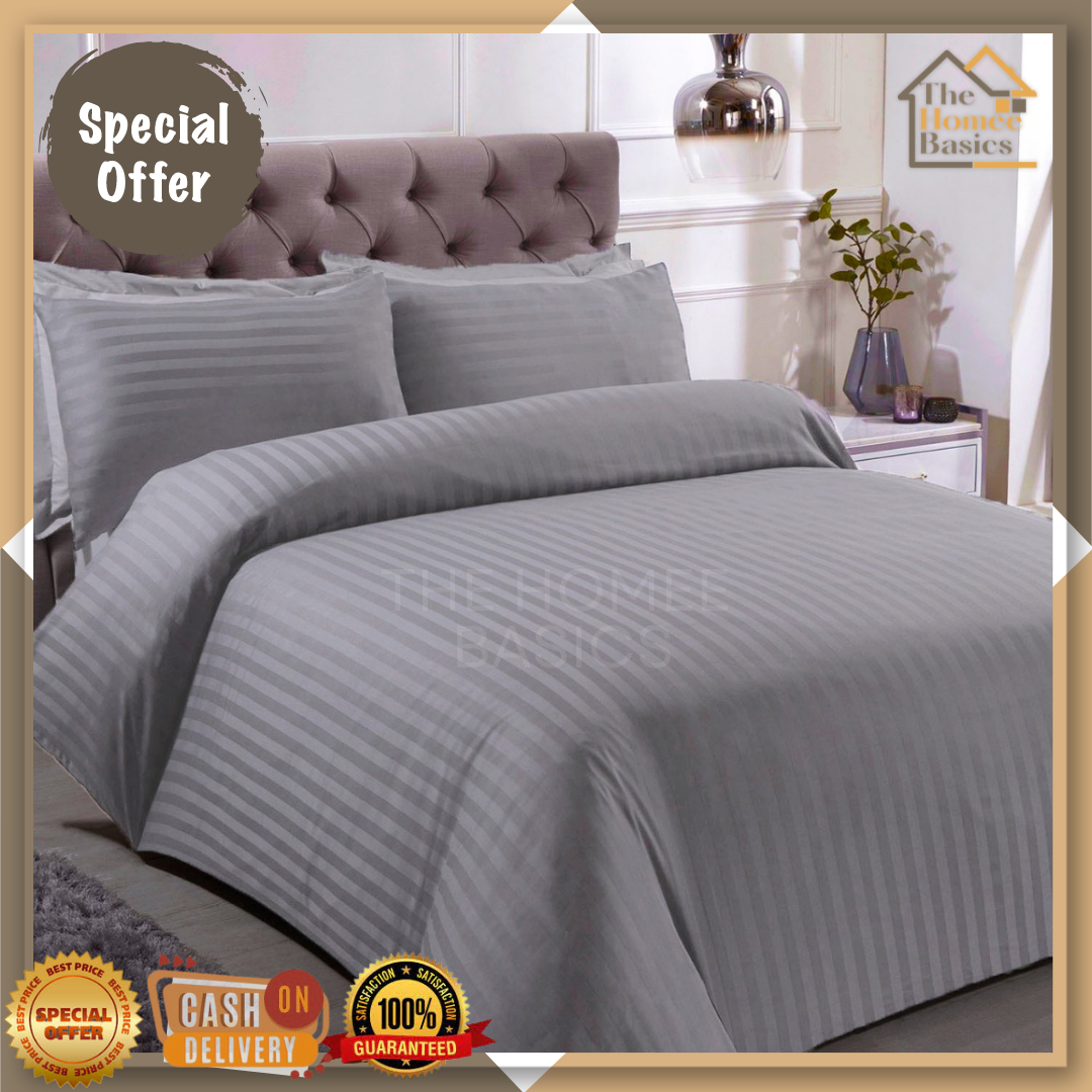 The Homee Basics 4 in 1 Plain Stripes Gray / Grey Elegant Hotel Quality Bedding Set 1 Fitted