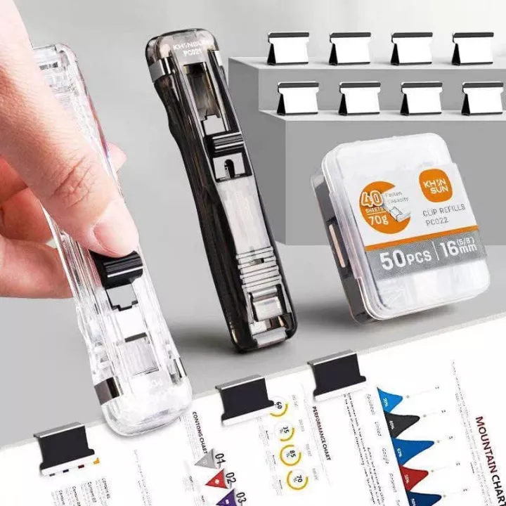 Office Reusable Paper Sheet Fastener Clip Dispenser Pusher Stapler with