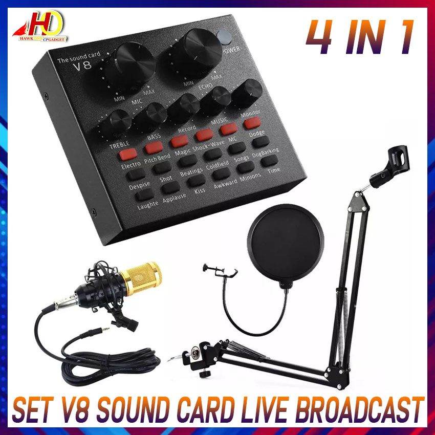 (SET) 4in1 V8 Sound Card Live Broadcast Sound Card WITH BM800