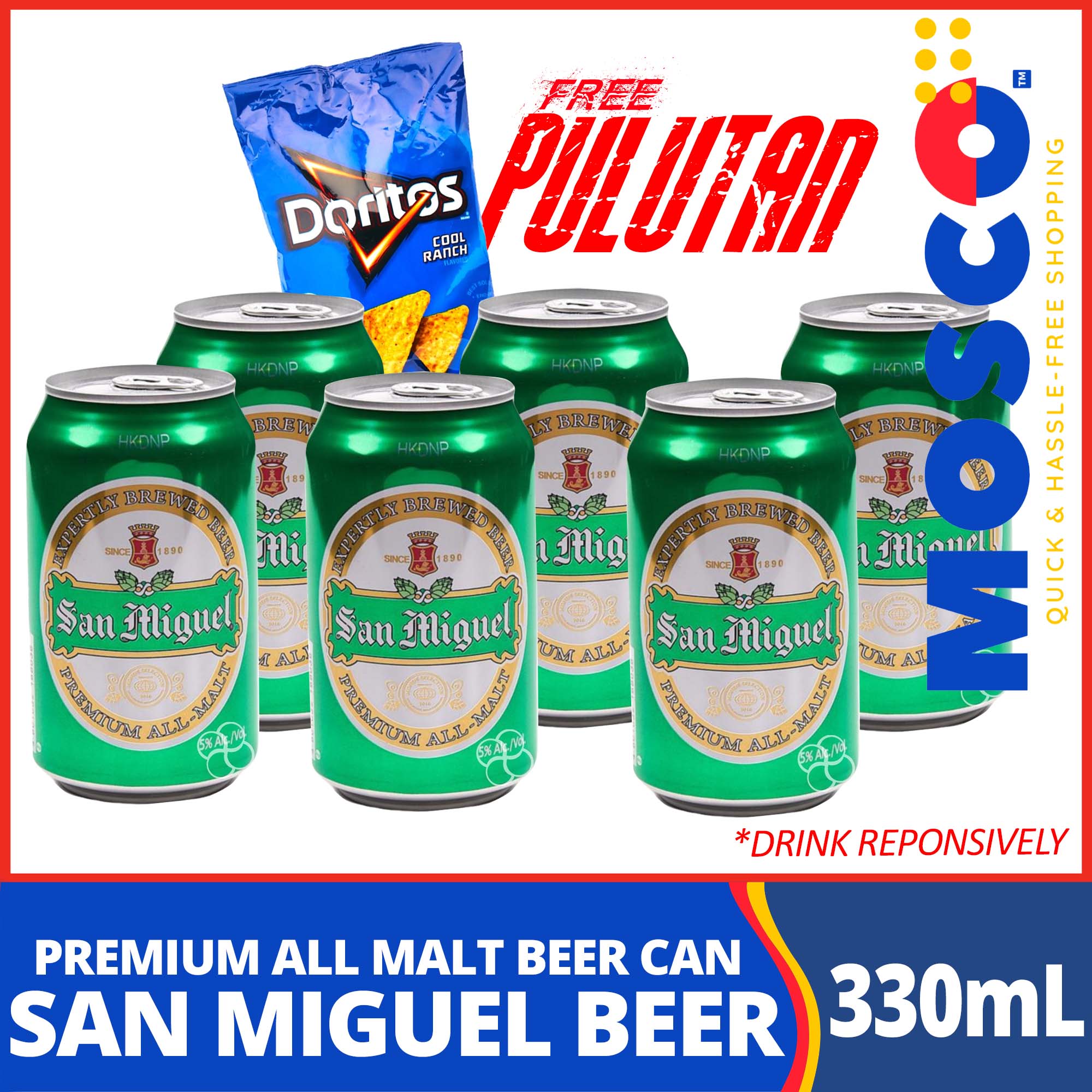 San Miguel Premium All Malt Beer Can 6x330ml Free Doritos Cool Ranch Tortilla Chips 198g Drink 8632