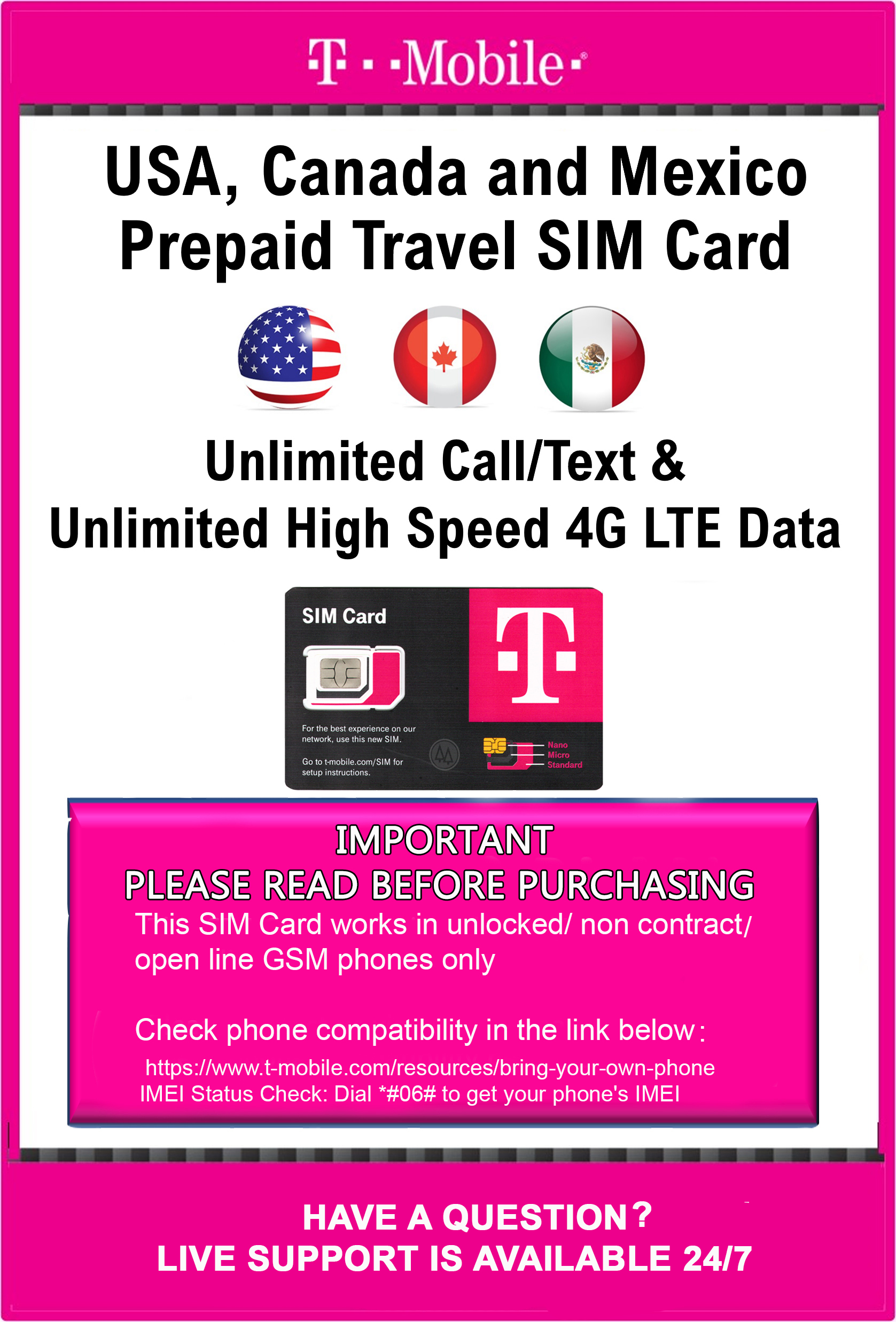 T-Mobile Brand USA Prepaid Travel SIM Card Unlimited Call, Text and 4G LTE  Data (for use in USA only) (for Phone use only. NOT for Modem/WiFi Devices)