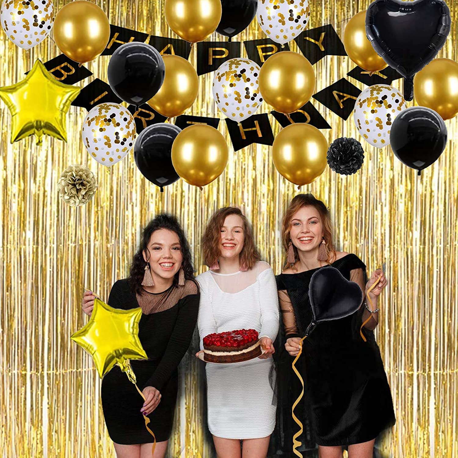 Kiena Black Gold Birthday Party Decoration 53PCS Set-Black and Gold Party  Decoration Including Happy Birthday Banner, Tassels, Balloons, Metallic  Fringe Curtain, Flower Pompoms,Suit Perfect For Girls or Boys, Men or Women  Birthday