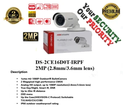 DS-2CE16D0T-IRPF 2MP (2.8mm/3.6mm lens) HIKVISION 1080P Outdoor 4in1 Bullet Turbo HDTVI CCTV Camera 1 YR WARRANTY