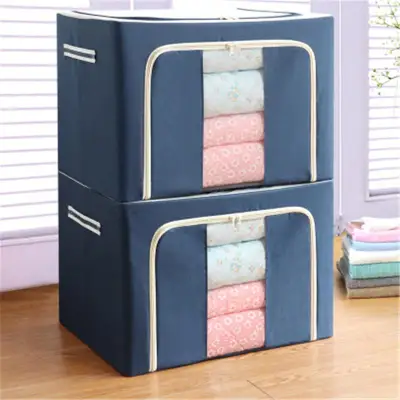 1PC 72L Durable Oxford Fabric Foldable Steel Shelf Lidded Clothes Storage Box Natural Canvas Organizer Container With Steel Frame
