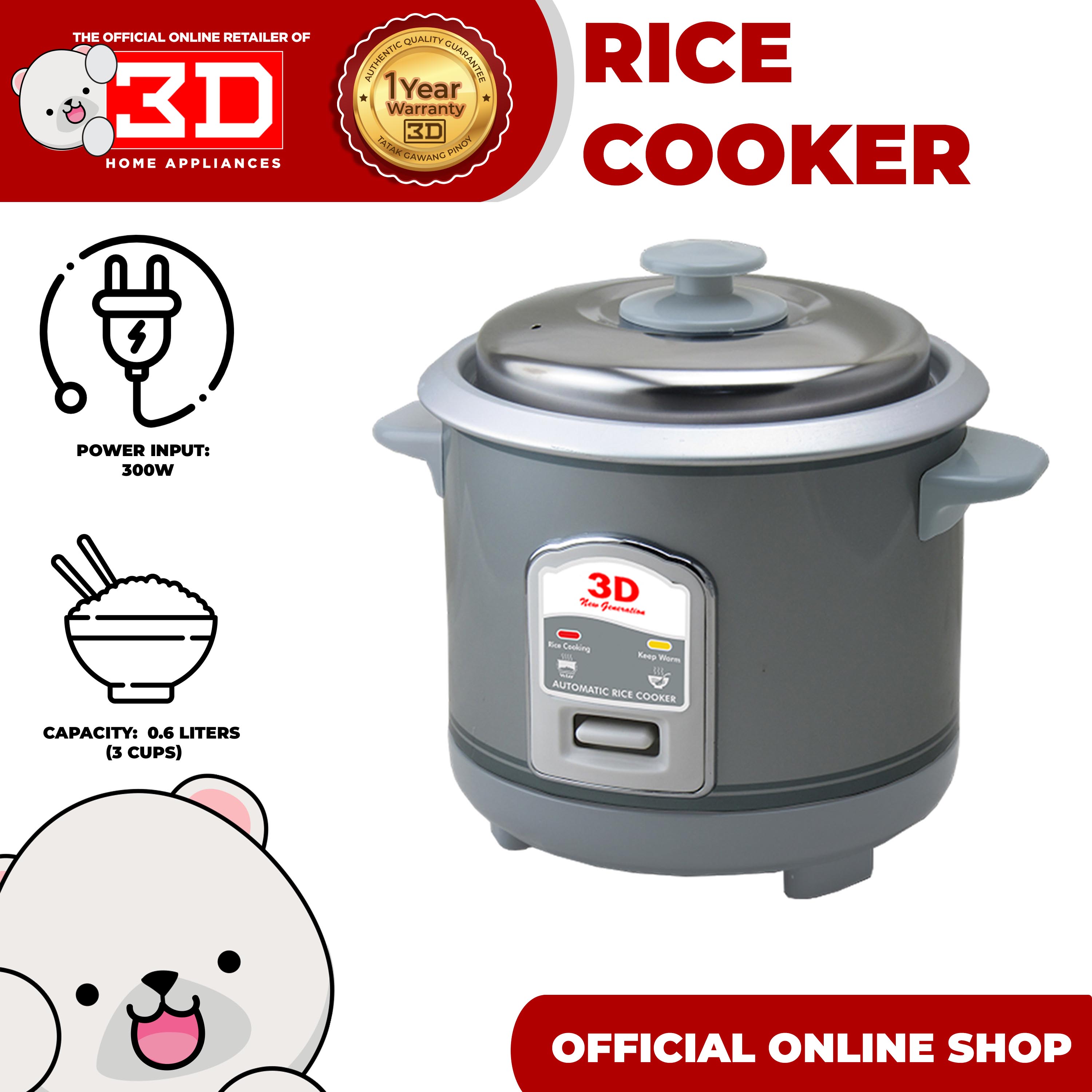 3D RC-3C 0.6 L Metallic Gray Rice Cooker