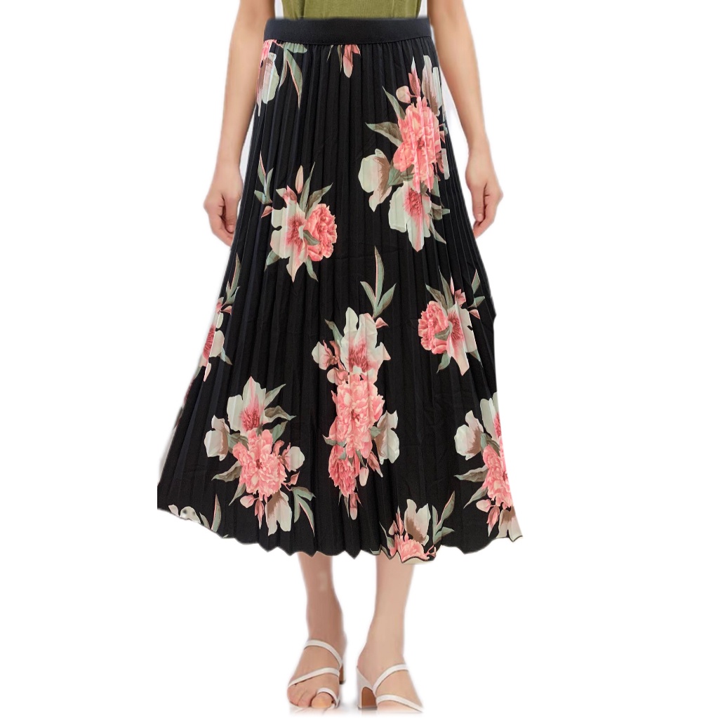 Printed Floral Pleated Midi Skirt Elastic Band Waist Palda Regular