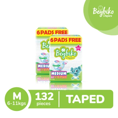 Beybiko Diapers Medium(6-11Kg) - 60+6 Pcs X 2 Packs(132 Pcs) - Tape Diapers
