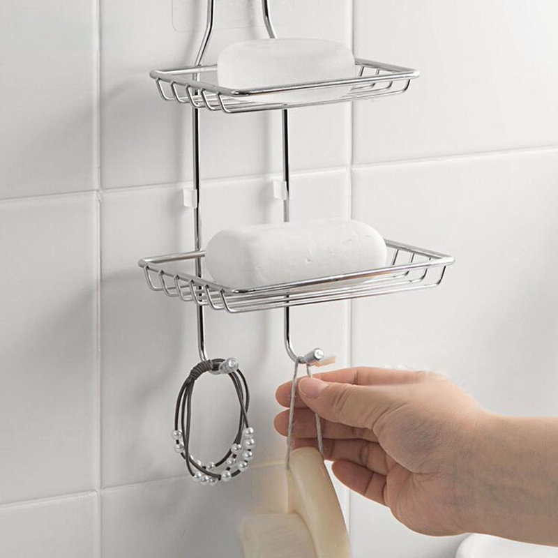 TSV Double Tier Soap Dish, Stainless Steel Soap Holder with Hooks, Non-Trace Adhesive No Drilling, Wall-Mounted Bar Soap Sponge Holder for Shower