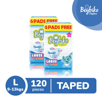 Beybiko Diapers Large(9-13 Kg) - 60 Pcs X 2 Packs(120 Pcs) - Tape Diapers