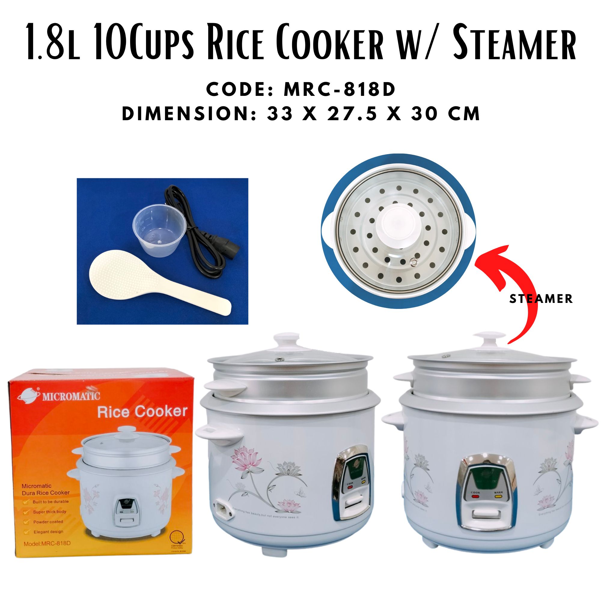 RICE COOKER WITH STEAMER 1.8 LITERS/ RICE COOKER WITH CUP/ RICE COOKER