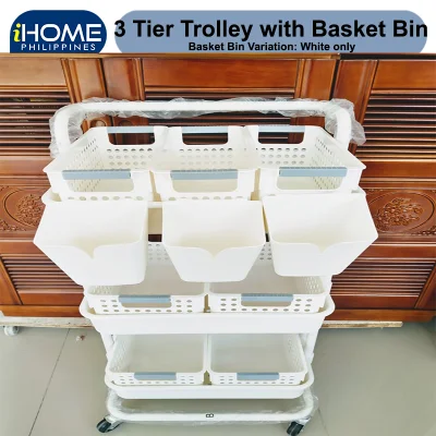 IHOME 3 Tier Trolley Storage Organizing Rack with 3 pcs Bins, 3 pcs Small Baskets & 4 pcs Big baskets