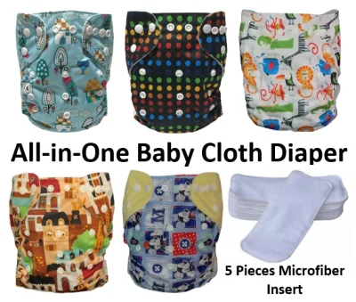 5 Pieces Washable Reusable Cloth Baby Diaper with individual Insert - Assorted Designs