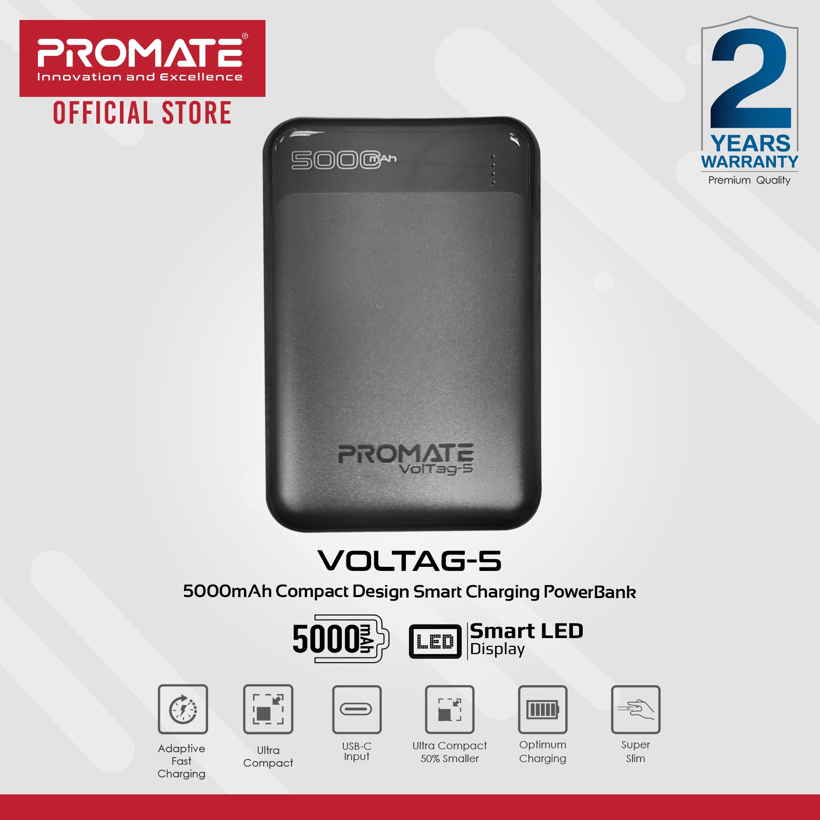 Promate VolTag-5 5000mAh Super-Slim Power Bank with Dual 2A USB