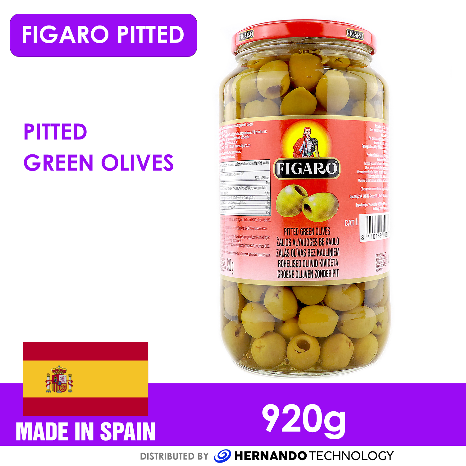 Figaro Pitted Green Olives Net Weight 920g (drained weight 450g