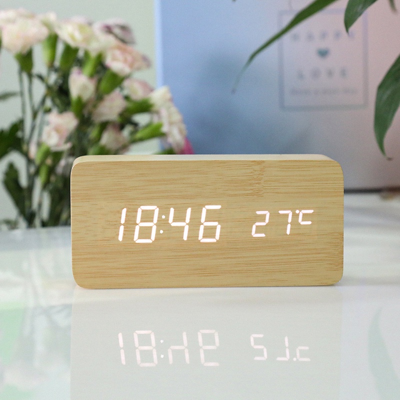 Smart Led Wooden Voice Alarm Clock USB Bedside Clock with Calendar