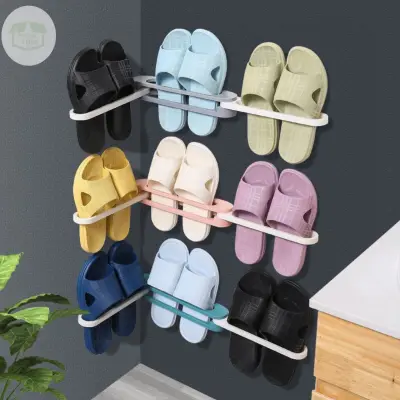 【Fan's tone】1pc Foldable 3IN1 wall-mounted slipper rack bathroom Tower rack perforation-free shelf Wall Hanging Shoes Organizer Hanger