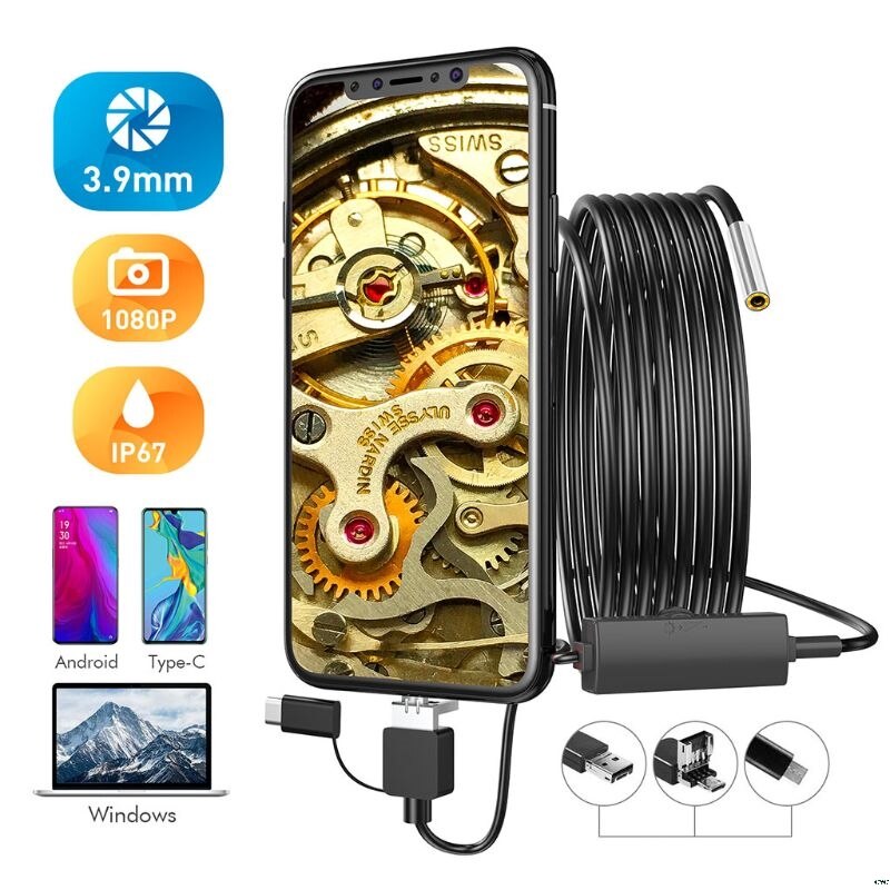 USB Endoscope 3 in 1 Borescope 3.9mm Ultra Thin Waterproof Camera Micro USB and Type C for Android Phone Windows PC Mac