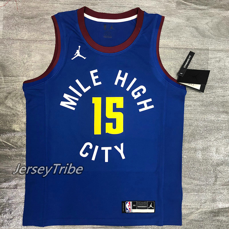 ใหม่ Original บาสเก็ตบอล NBA Denver Nuggets #15 Nikola Jokic 2020-21 Mile High Blue Jersey Swingman ความร้อน-Pressed