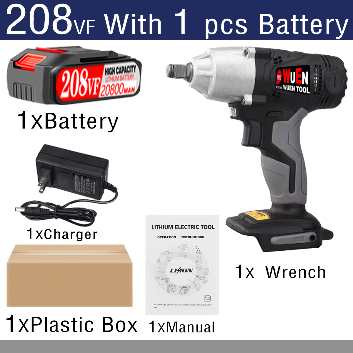 (1 battery) 380N.m Cordless impact wrench 208VF 20V Electric tools for auto repair 1/2 inch