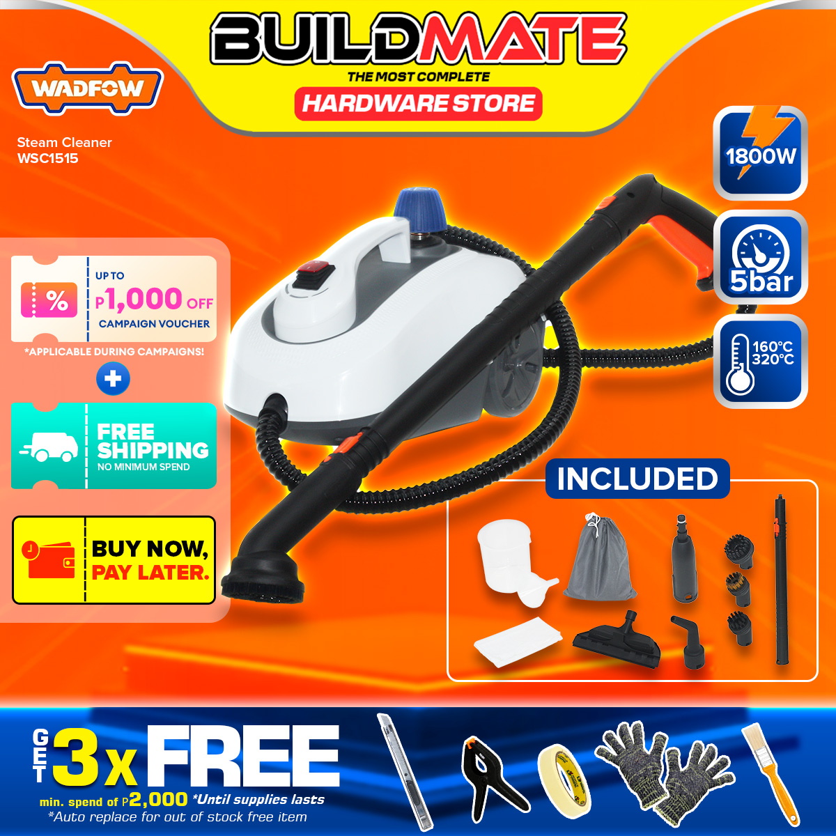 BUILDMATE Wadfow 1800W Steam Cleaner with Working & Heating Light ...