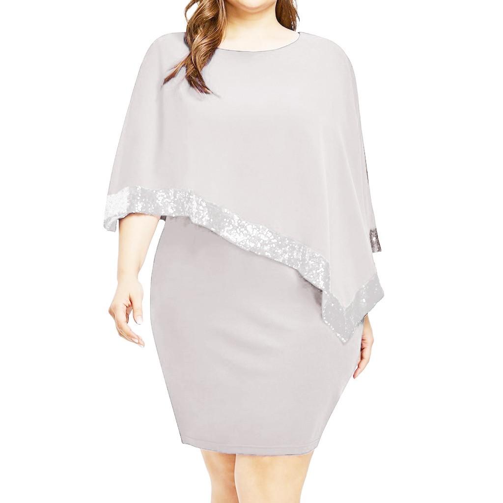TIFENNY Women Business Plus Size Shawl Cold Shoulder Overlay Asymmetric Chiffon Strapless Sequins Dress Fashion Party Dresses 