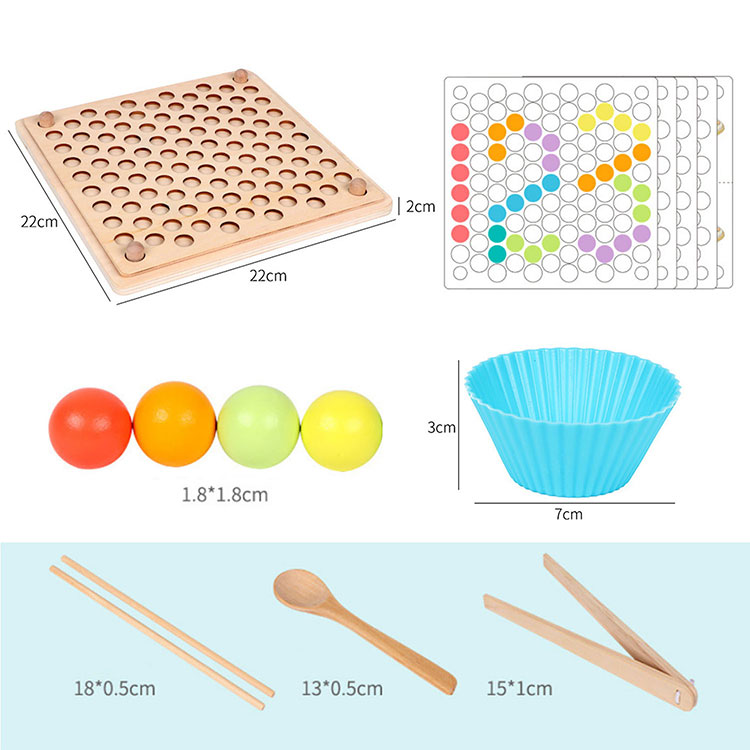 Wooden Bead Holder (Pattern copying) small colorful balls with tongs  pattern board educational toy